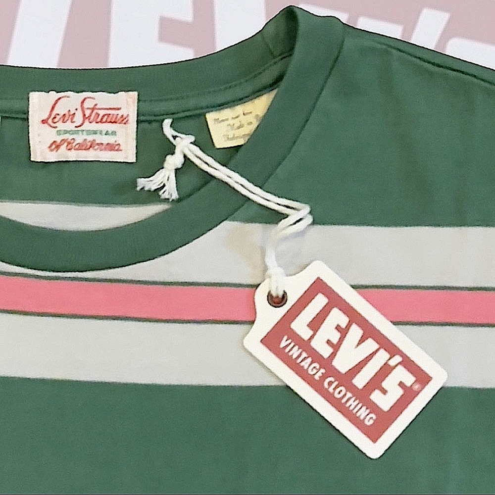Levi’s Vintage Clothing 1940’s Split Hem Striped T-Shirt Pink/Green - Picture 8 of 16